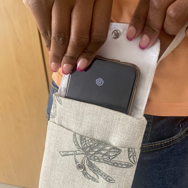 Fabric Crossbody Cellphone Pouch with Cover- Black Protea on Cream